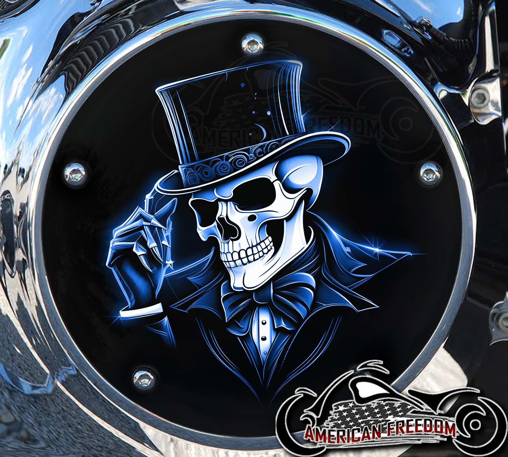 Custom Derby Cover - Top Hat Skull (Blue)